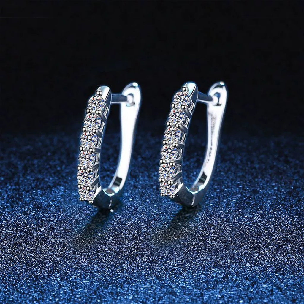 Pavé Moissanite Hoop Earrings with CZ in White Gold-Plated S925 blue scene angled view