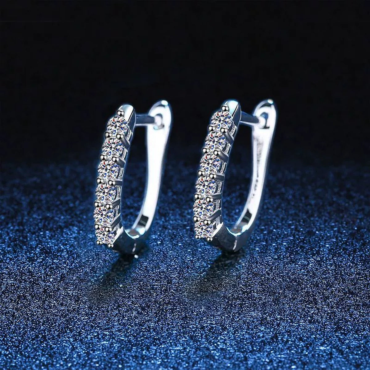 Pavé Moissanite Hoop Earrings with CZ in White Gold-Plated S925 blue scene angled view