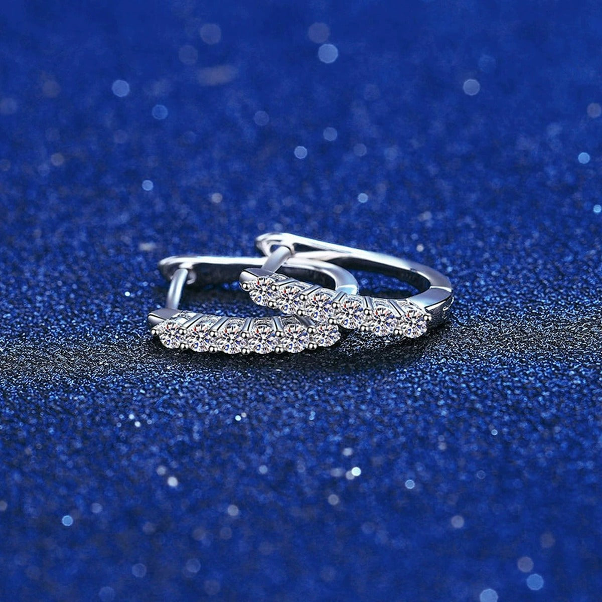 Pavé Moissanite Hoop Earrings with CZ in White Gold-Plated S925 blue scene close-up view