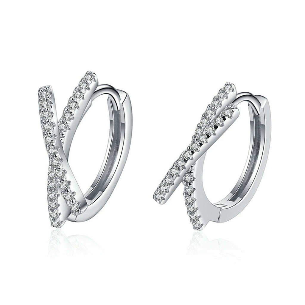 Cross Moissanite Hoop Earrings with CZ in White Gold-Plated S925 on clean white background showing the pair and cross-over hoop earrings with a diagonal moissanite bar
