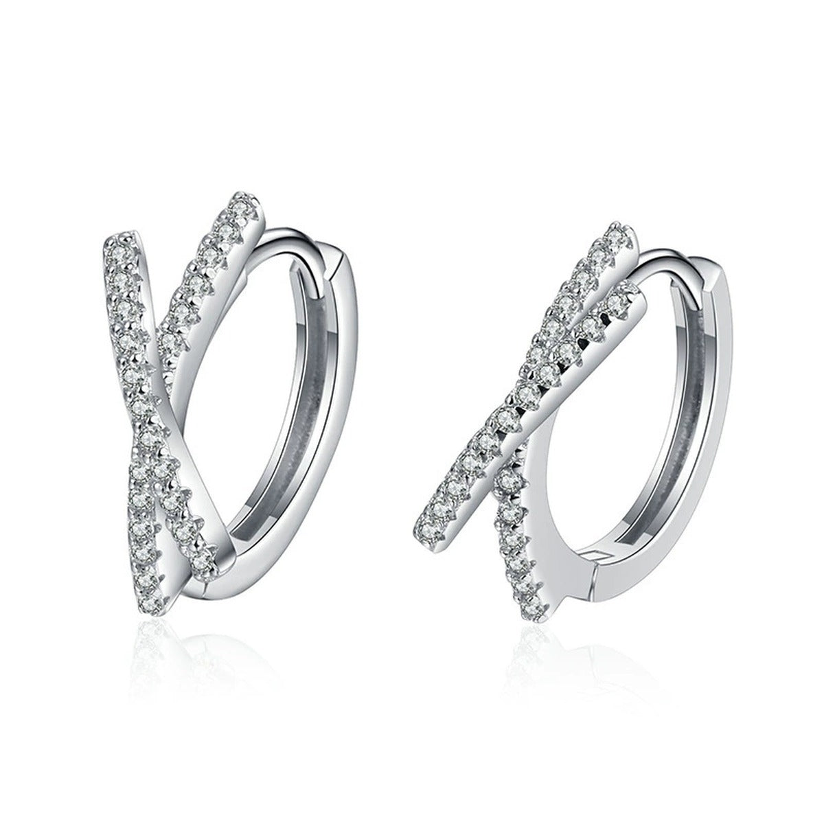 Cross Moissanite Hoop Earrings with CZ in White Gold-Plated S925 on clean white background showing the pair and cross-over hoop earrings with a diagonal moissanite bar