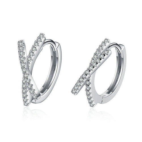 Cross Moissanite Hoop Earrings with CZ in White Gold-Plated S925 on clean white background showing the pair and cross-over hoop earrings with a diagonal moissanite bar