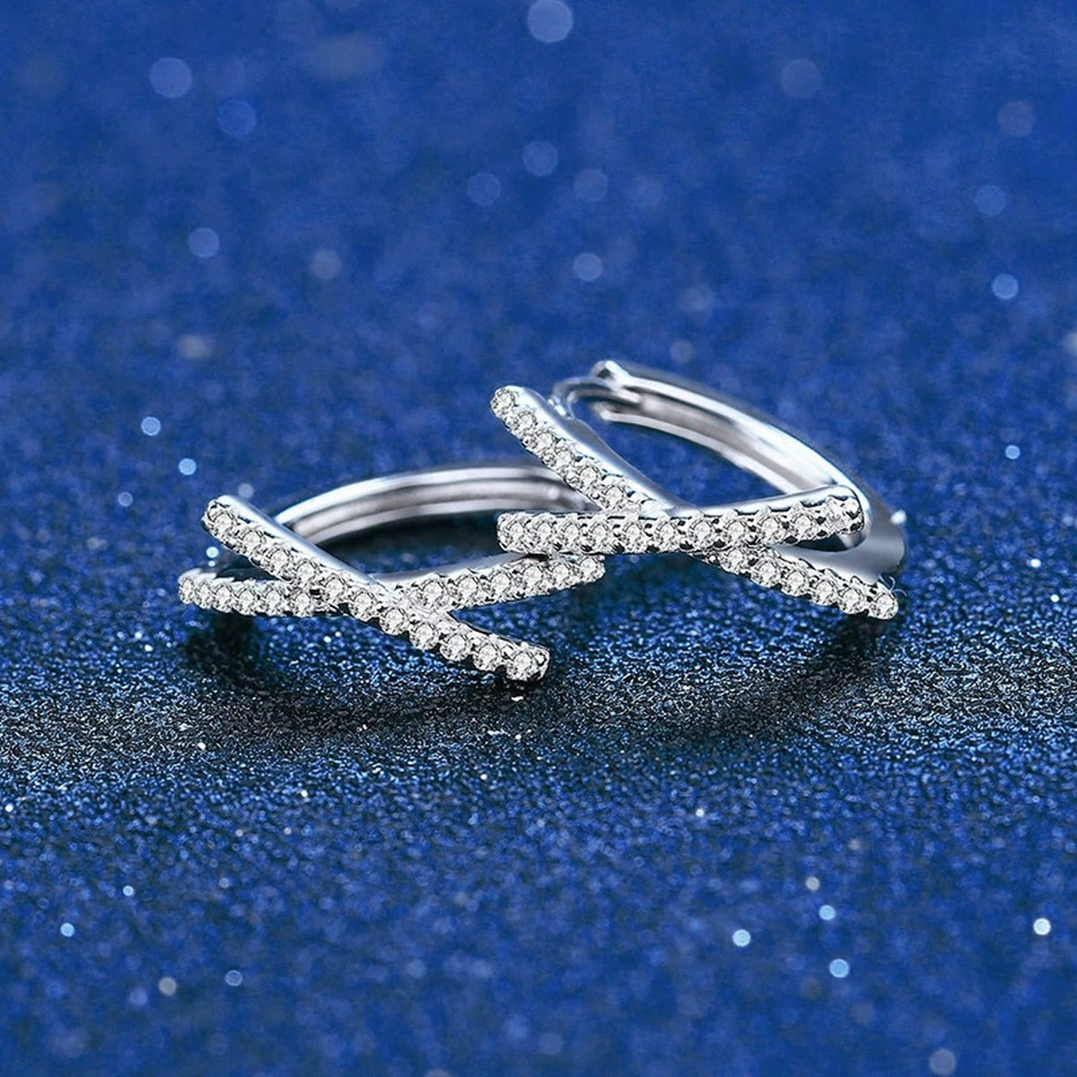 Cross Moissanite Hoop Earrings with CZ in White Gold-Plated S925 blue scene product view