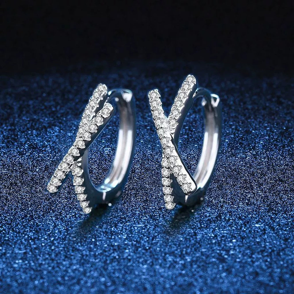 Cross Moissanite Hoop Earrings with CZ in White Gold-Plated S925 blue scene angled view