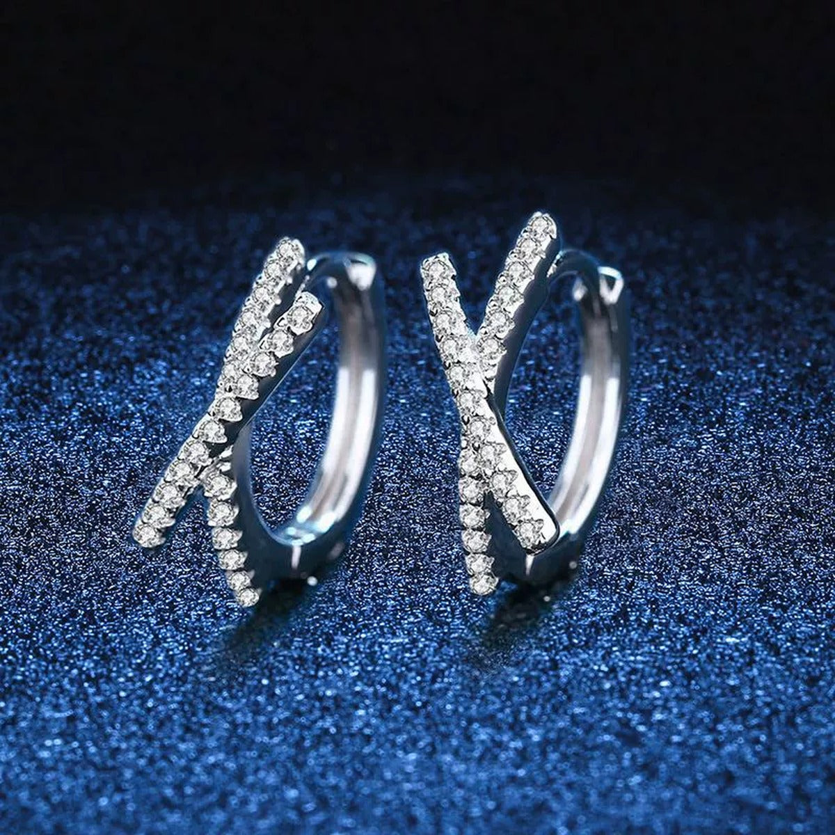 Cross Moissanite Hoop Earrings with CZ in White Gold-Plated S925 blue scene angled view