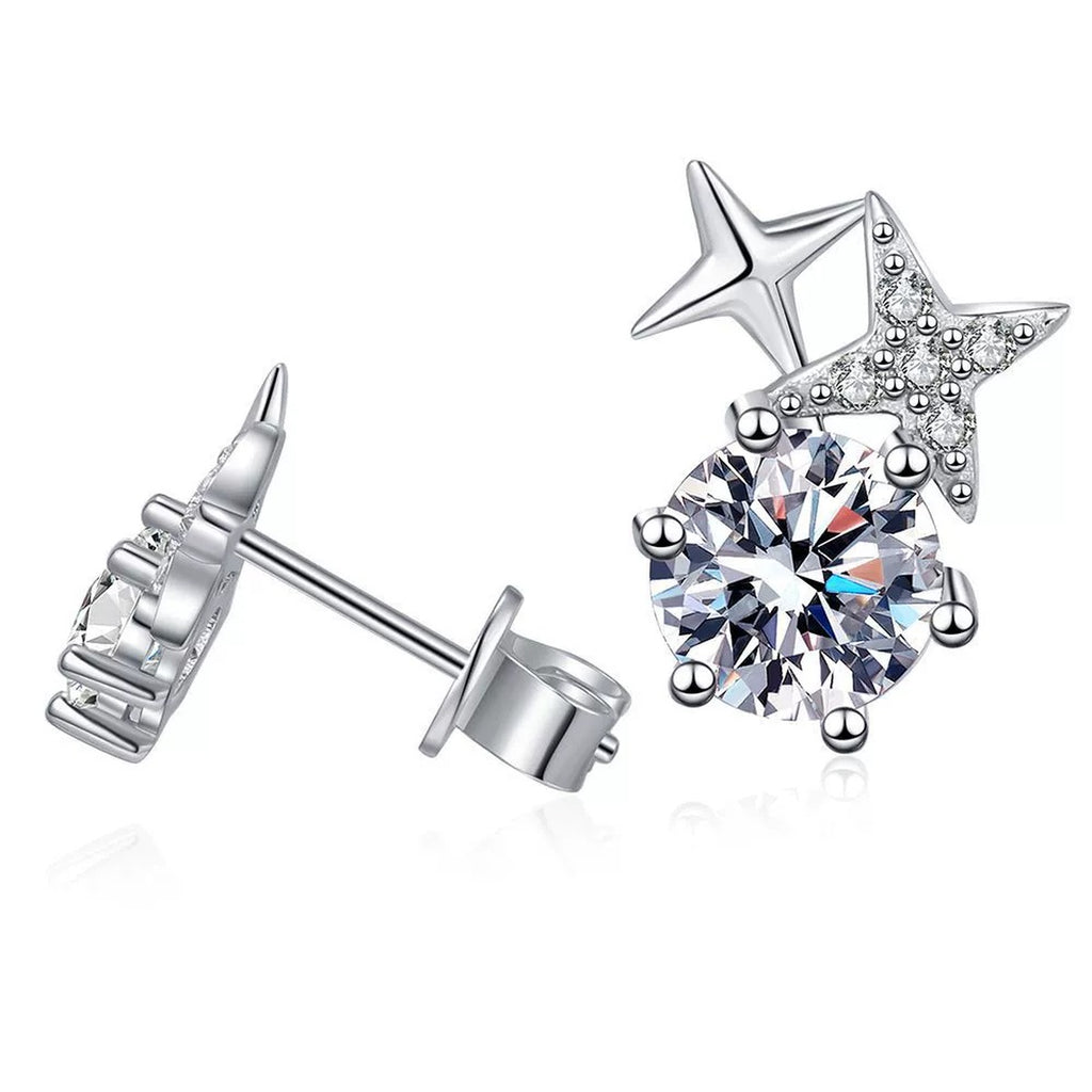 Star Moissanite Stud Earrings with CZ in White Gold-Plated S925 on clean white background showing the pair and star-topped stud earrings with a round moissanite center