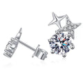 Star Moissanite Stud Earrings with CZ in White Gold-Plated S925 on clean white background showing the pair and star-topped stud earrings with a round moissanite center