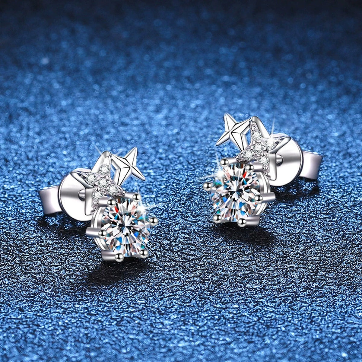 Star Moissanite Stud Earrings with CZ in White Gold-Plated S925 blue scene product view