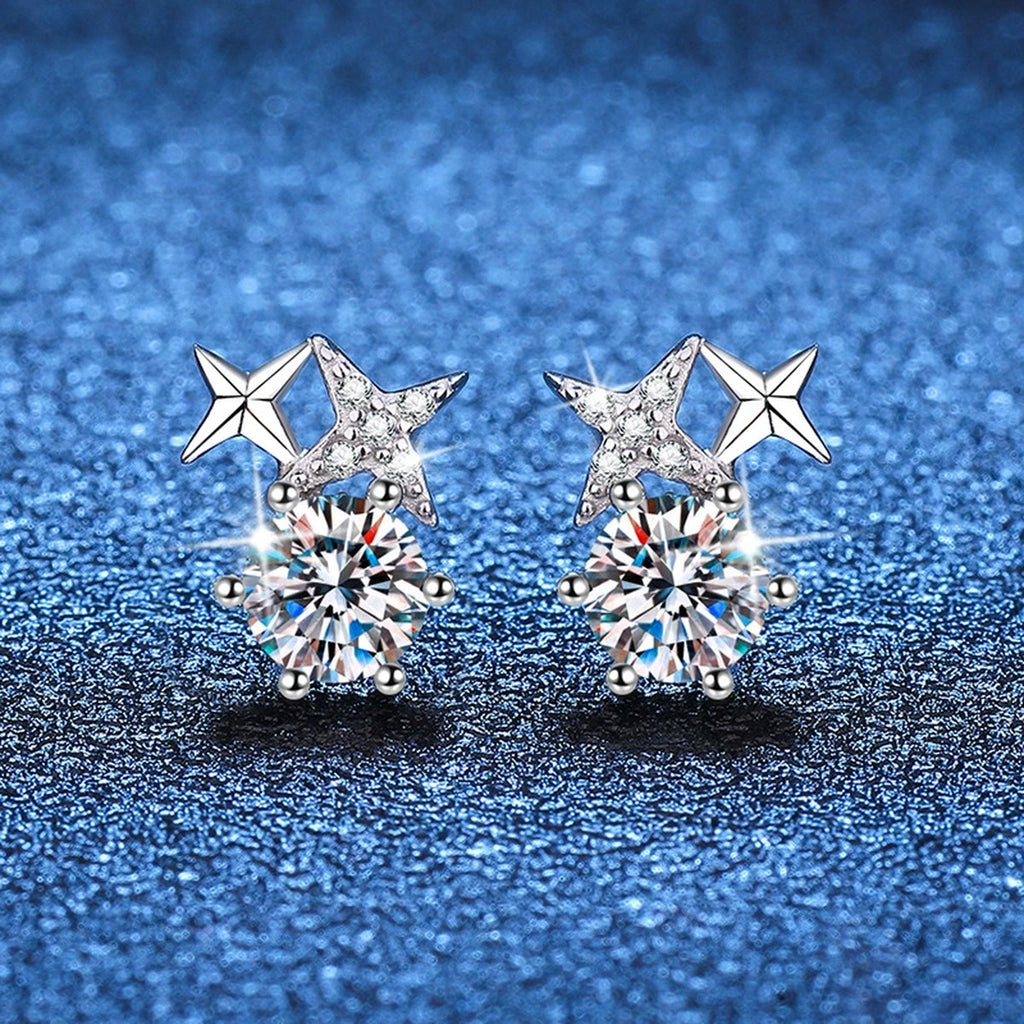 Star Moissanite Stud Earrings with CZ in White Gold-Plated S925 blue scene angled view
