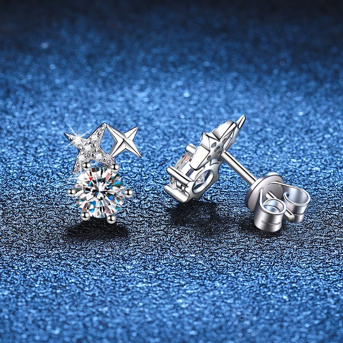 Star Moissanite Stud Earrings with CZ in White Gold-Plated S925 blue scene close-up view