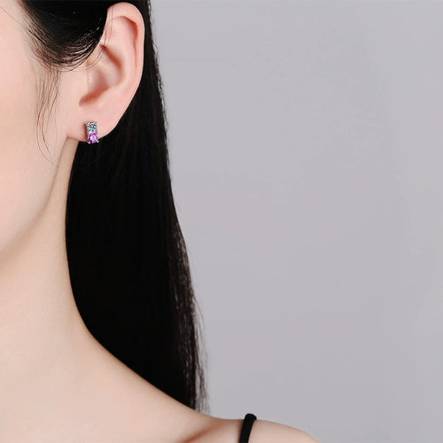 Color Accent Moissanite Rectangle Stud Earrings in White Gold-Plated S925 worn on ear by model