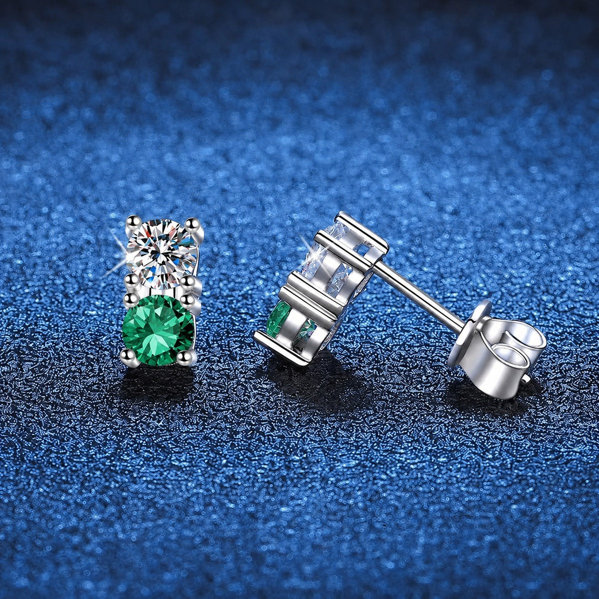 Color Accent Moissanite Rectangle Stud Earrings in White Gold-Plated S925 blue scene product view