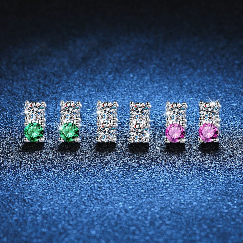 Color Accent Moissanite Rectangle Stud Earrings in White Gold-Plated S925 blue scene angled view