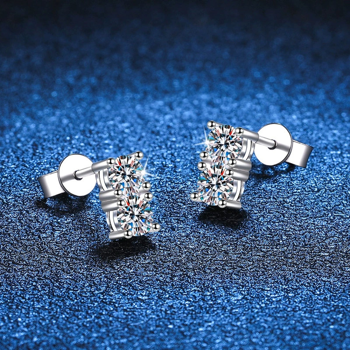 Color Accent Moissanite Rectangle Stud Earrings in White Gold-Plated S925 blue scene close-up view