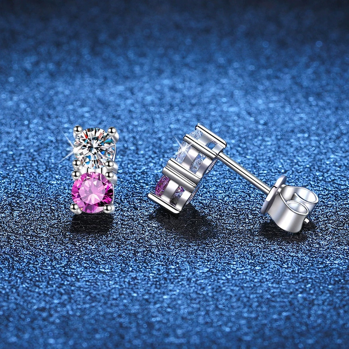 Color Accent Moissanite Rectangle Stud Earrings in White Gold-Plated S925 blue scene close-up view