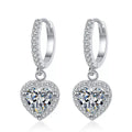 Heart Moissanite Hoop Drop Earrings with CZ in White Gold-Plated S925 on clean white background showing the pair and pavé hoop earrings with dangling heart-shaped moissanite drops
