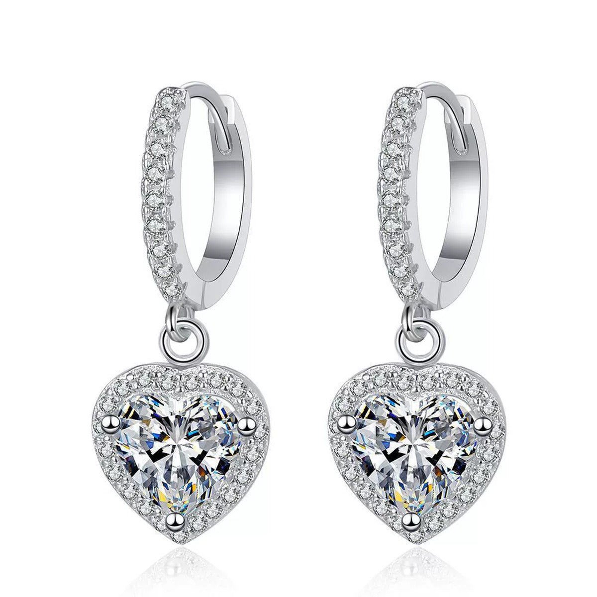 Heart Moissanite Hoop Drop Earrings with CZ in White Gold-Plated S925 on clean white background showing the pair and pavé hoop earrings with dangling heart-shaped moissanite drops