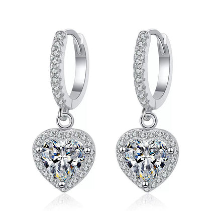 Heart Moissanite Hoop Drop Earrings with CZ in White Gold-Plated S925 on clean white background showing the pair and pavé hoop earrings with dangling heart-shaped moissanite drops