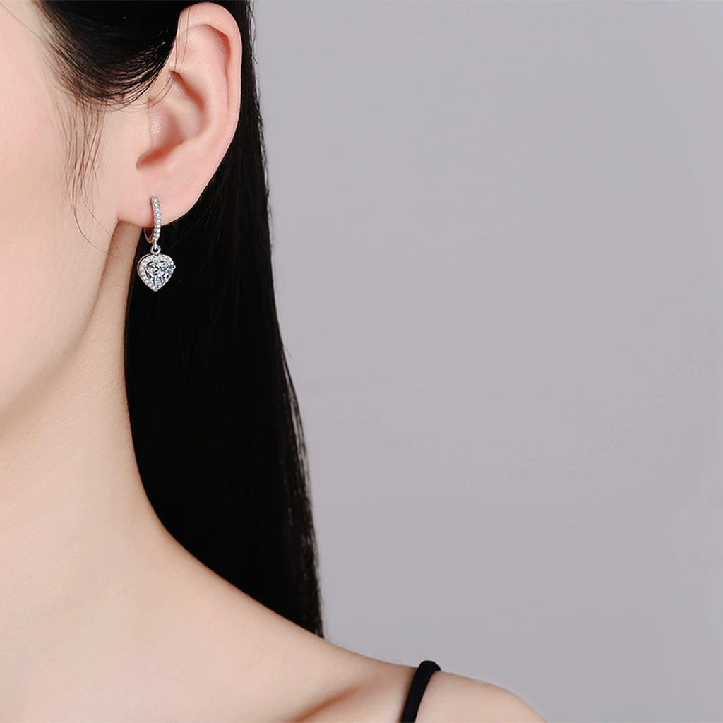 Heart Moissanite Hoop Drop Earrings with CZ in White Gold-Plated S925 worn on ear by model