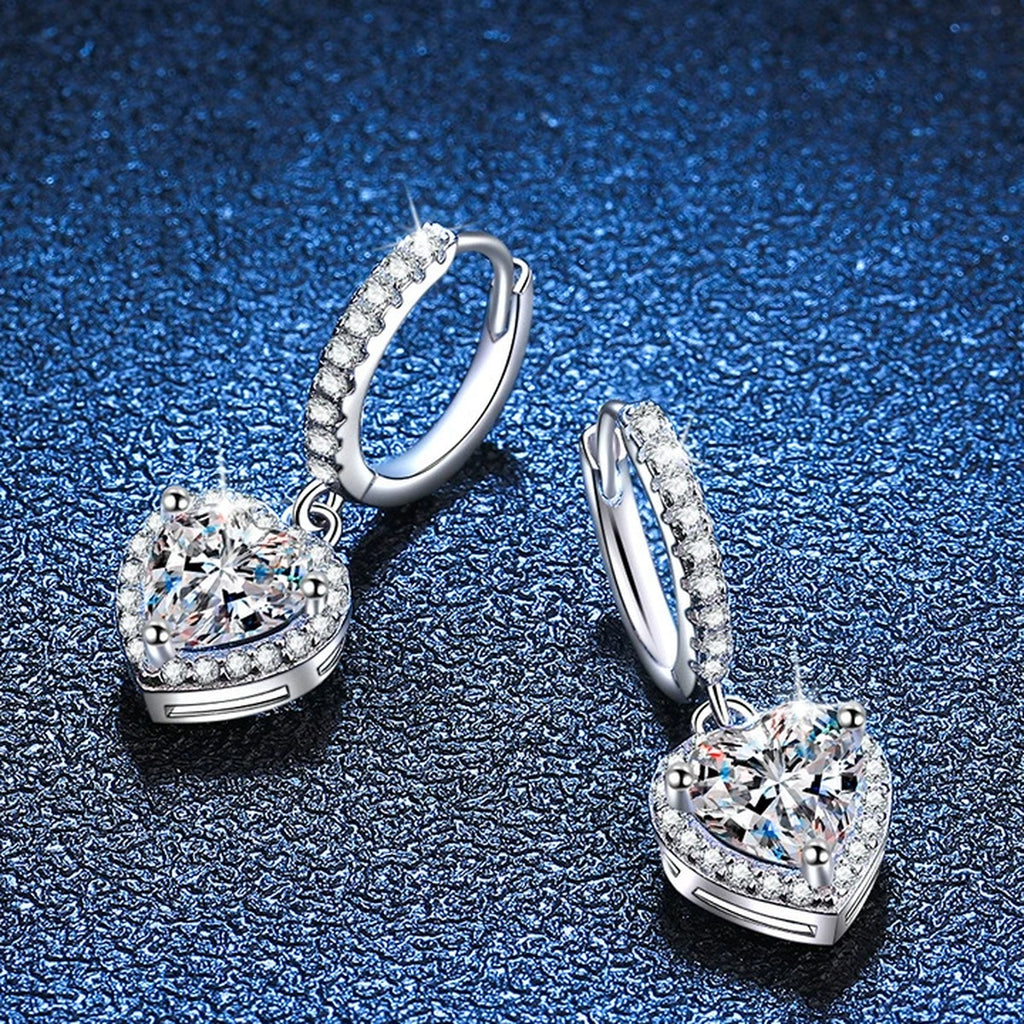 Heart Moissanite Hoop Drop Earrings with CZ in White Gold-Plated S925 blue scene product view
