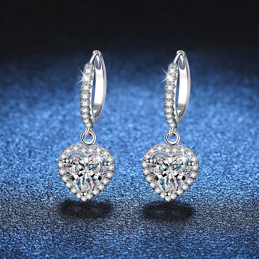 Heart Moissanite Hoop Drop Earrings with CZ in White Gold-Plated S925 blue scene angled view