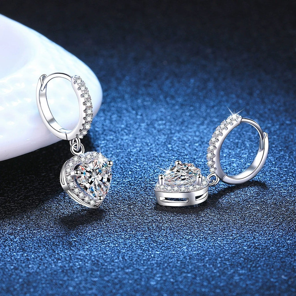 Heart Moissanite Hoop Drop Earrings with CZ in White Gold-Plated S925 blue scene close-up view