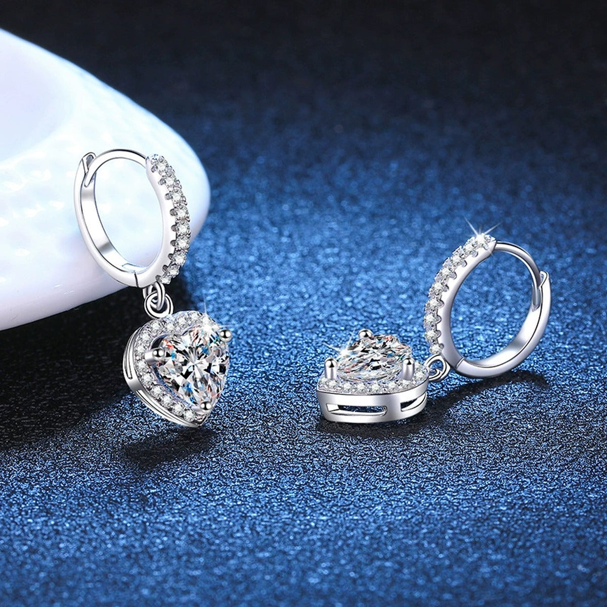 Heart Moissanite Hoop Drop Earrings with CZ in White Gold-Plated S925 blue scene close-up view