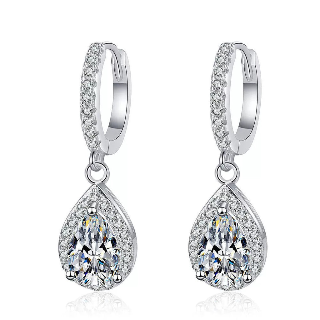 Pear Moissanite Hoop Drop Earrings with CZ in White Gold-Plated S925 on clean white background showing the pair and pavé hoop earrings with pear-cut moissanite drops