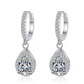 Pear Moissanite Hoop Drop Earrings with CZ in White Gold-Plated S925 on clean white background showing the pair and pavé hoop earrings with pear-cut moissanite drops