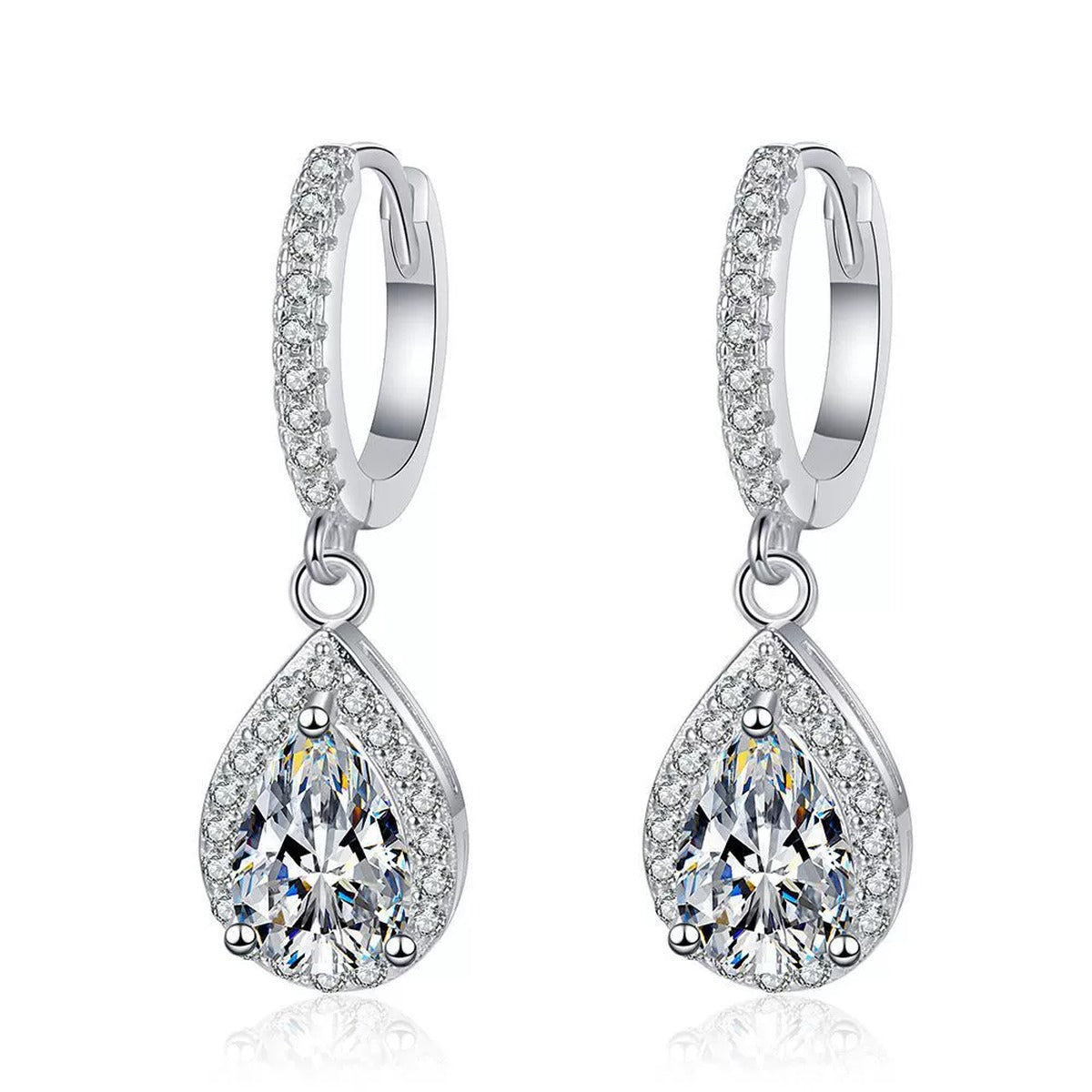 Pear Moissanite Hoop Drop Earrings with CZ in White Gold-Plated S925 on clean white background showing the pair and pavé hoop earrings with pear-cut moissanite drops