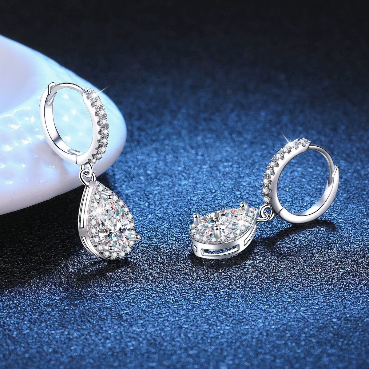 Pear Moissanite Hoop Drop Earrings with CZ in White Gold-Plated S925 blue scene product view