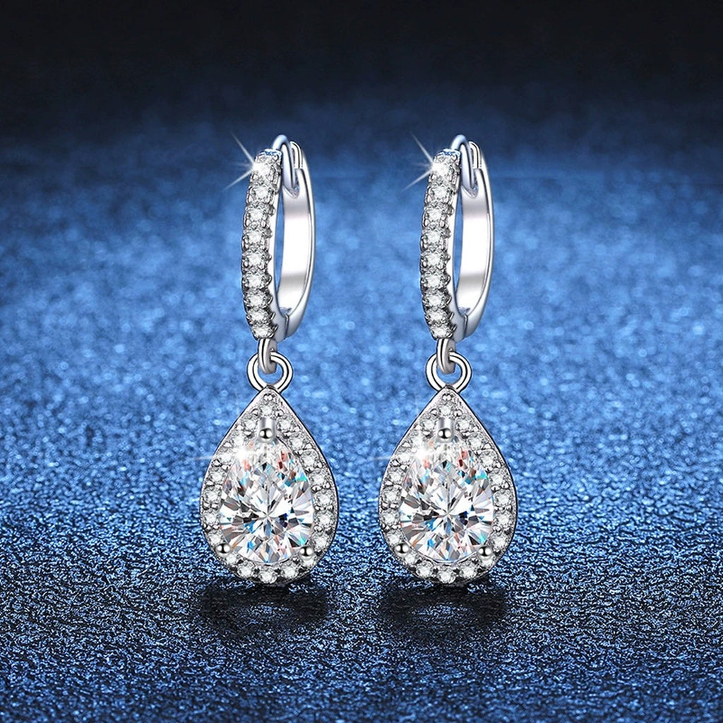 Pear Moissanite Hoop Drop Earrings with CZ in White Gold-Plated S925 blue scene angled view