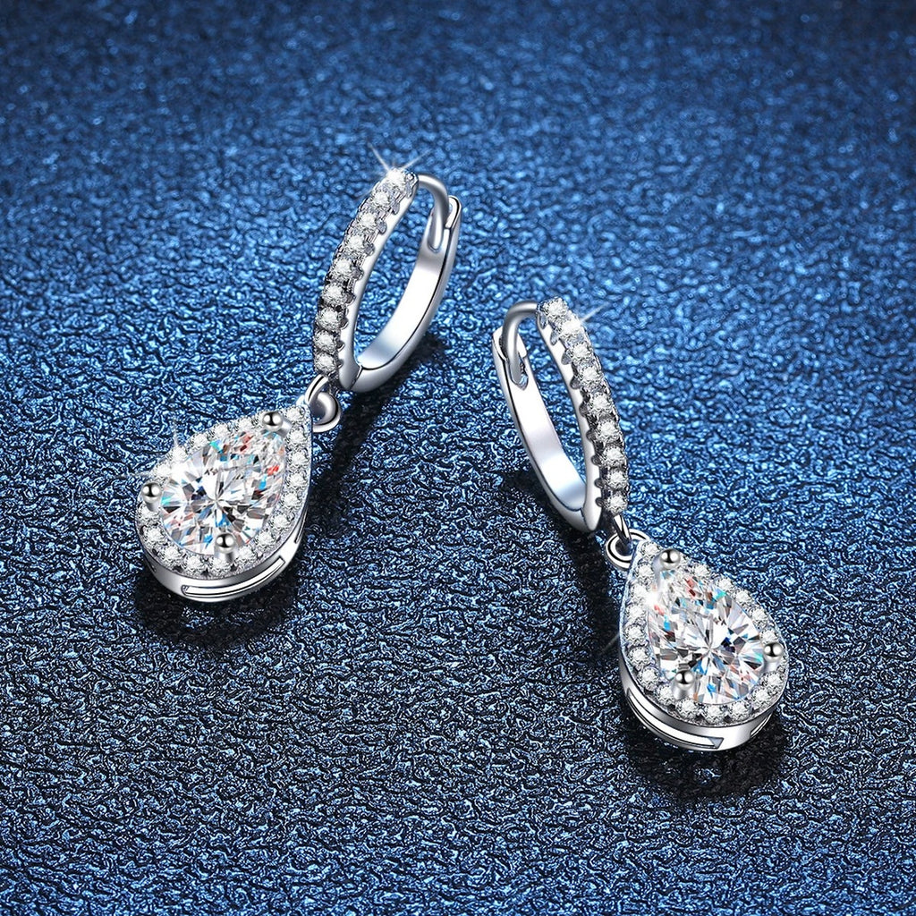 Pear Moissanite Hoop Drop Earrings with CZ in White Gold-Plated S925 blue scene close-up view