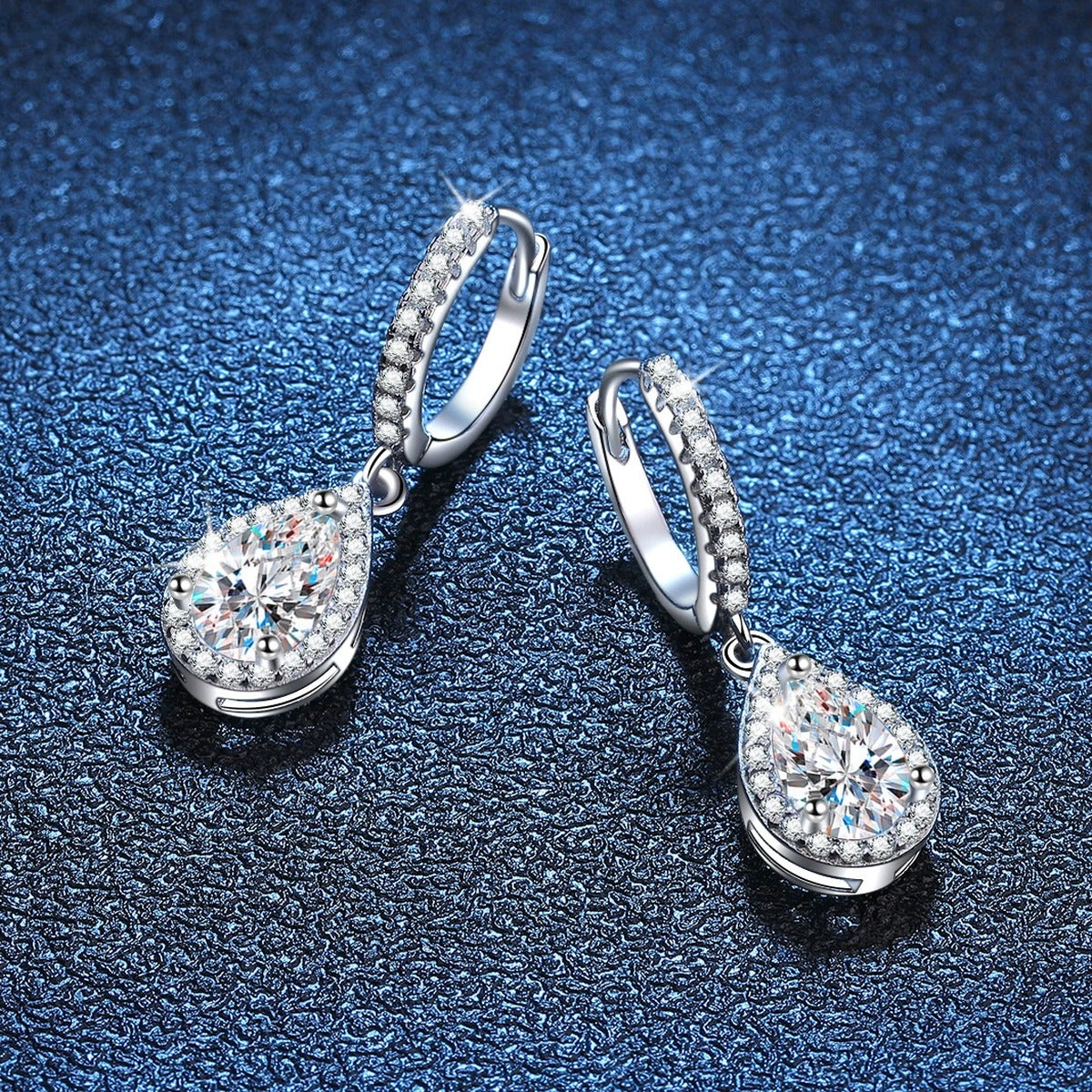Pear Moissanite Hoop Drop Earrings with CZ in White Gold-Plated S925 blue scene close-up view