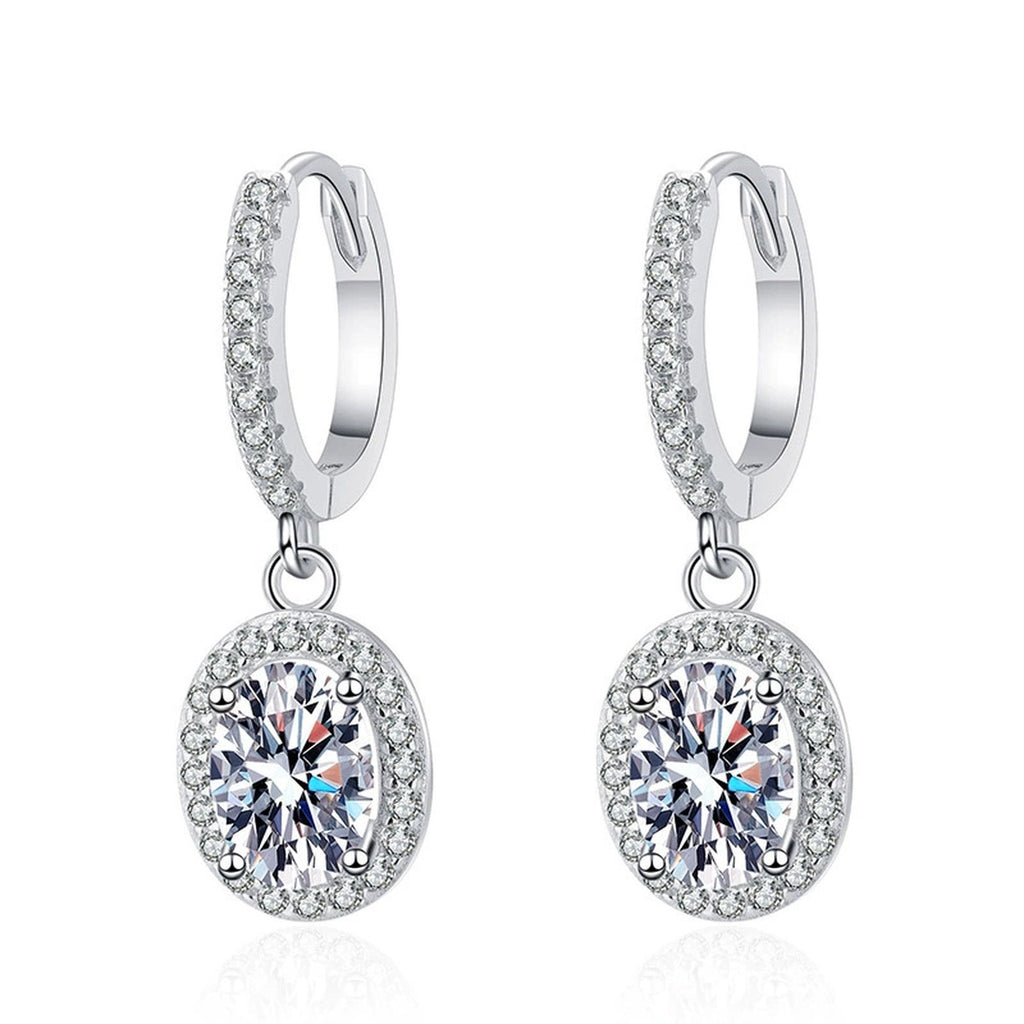 Oval Moissanite Hoop Drop Earrings with CZ in White Gold-Plated S925 on clean white background showing the pair and pavé hoop earrings with oval moissanite drops