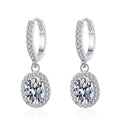 Oval Moissanite Hoop Drop Earrings with CZ in White Gold-Plated S925 on clean white background showing the pair and pavé hoop earrings with oval moissanite drops