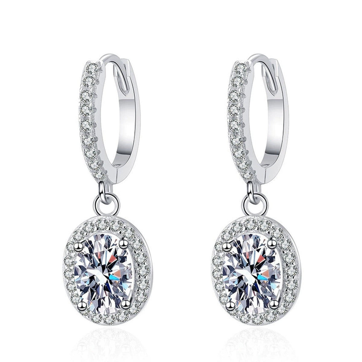 Oval Moissanite Hoop Drop Earrings with CZ in White Gold-Plated S925 on clean white background showing the pair and pavé hoop earrings with oval moissanite drops