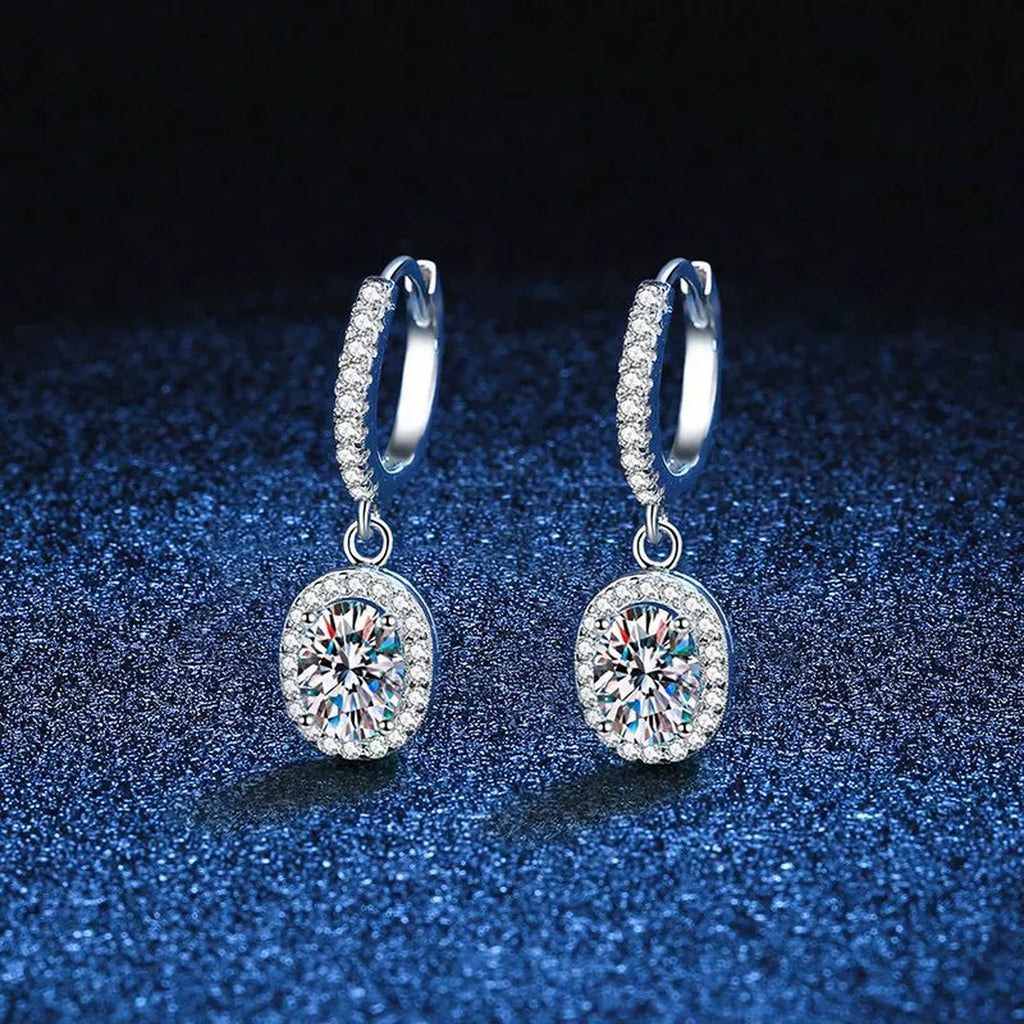 Oval Moissanite Hoop Drop Earrings with CZ in White Gold-Plated S925 blue scene product view