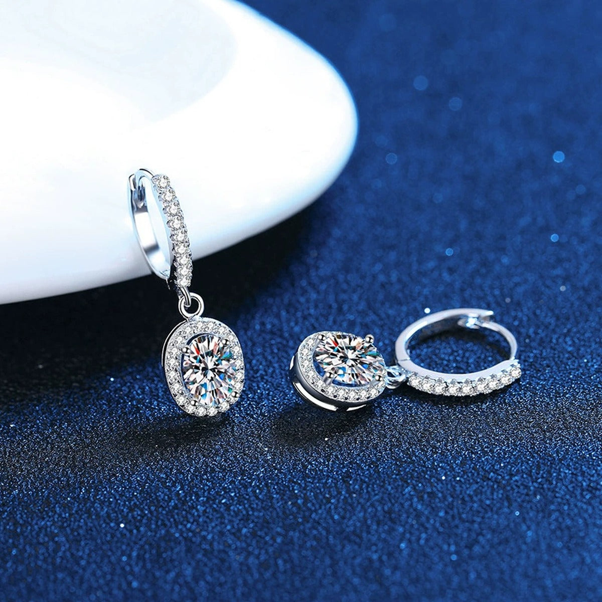 Oval Moissanite Hoop Drop Earrings with CZ in White Gold-Plated S925 blue scene close-up view