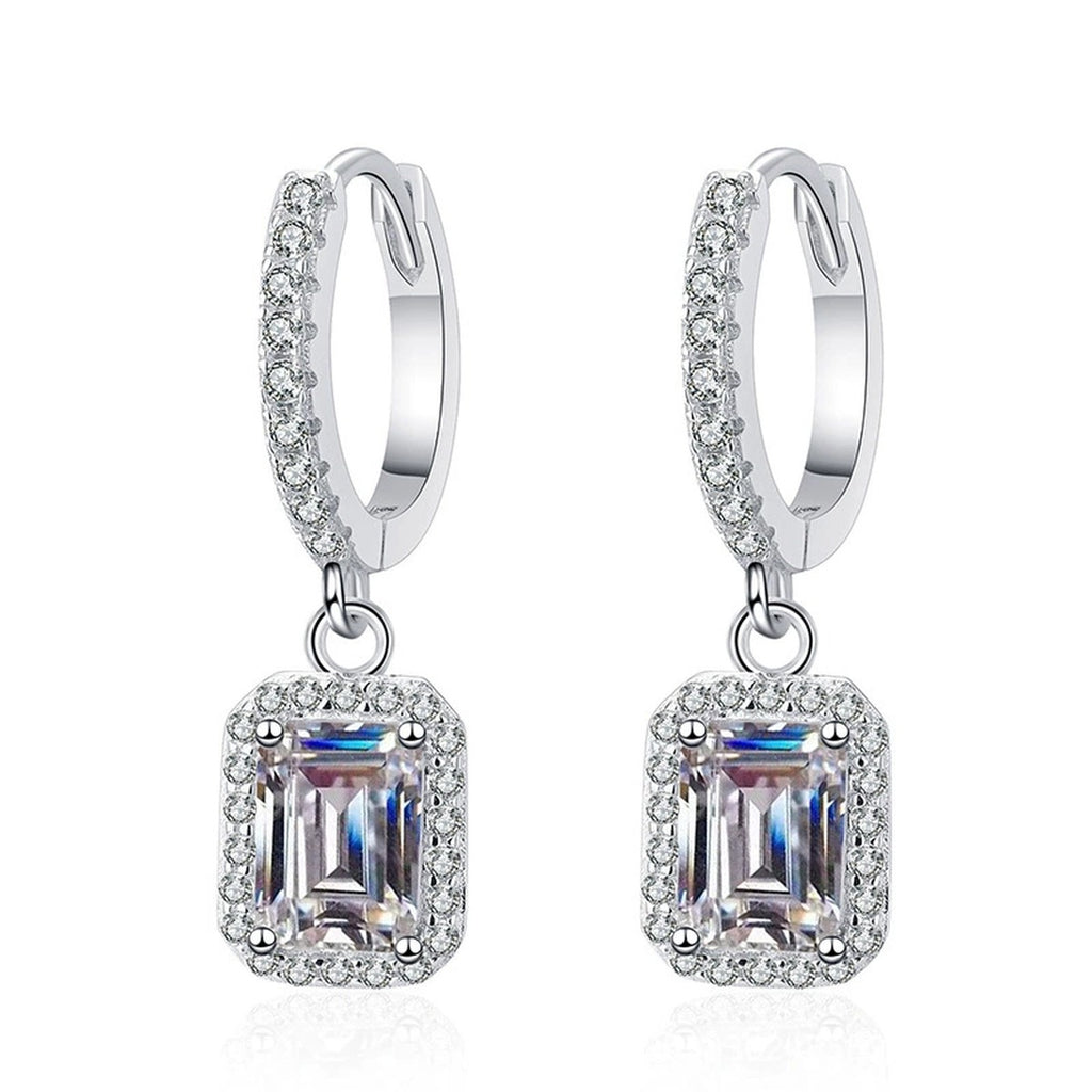Radiant and Emerald Cut Moissanite Hoop Drop Earrings with CZ in S925 on clean white background showing the pair and pavé hoop earrings with geometric moissanite drop options
