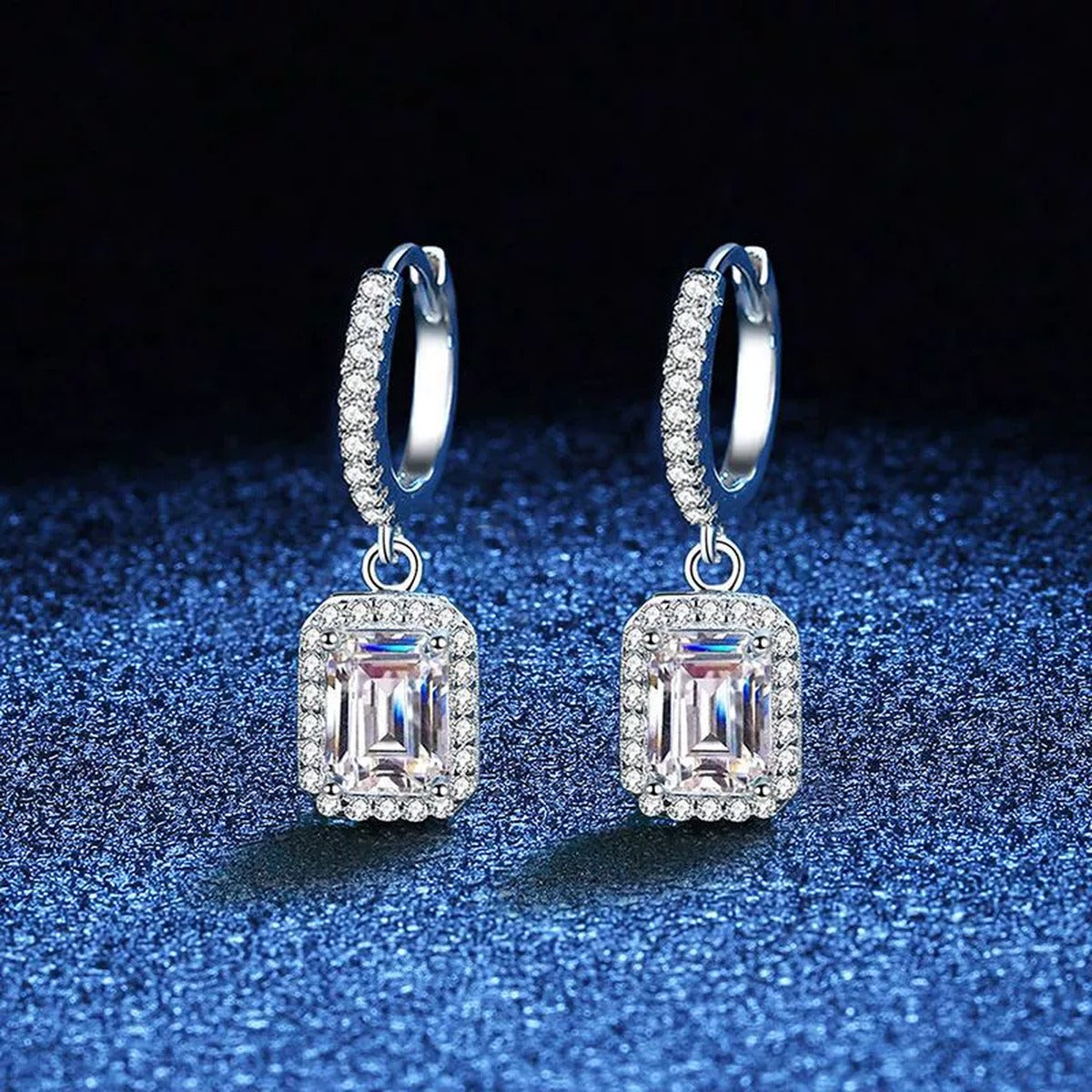 Radiant and Emerald Cut Moissanite Hoop Drop Earrings with CZ in S925 blue scene product view