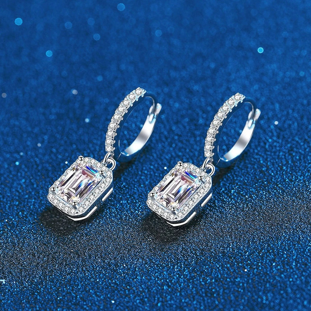 Radiant and Emerald Cut Moissanite Hoop Drop Earrings with CZ in S925 blue scene close-up view