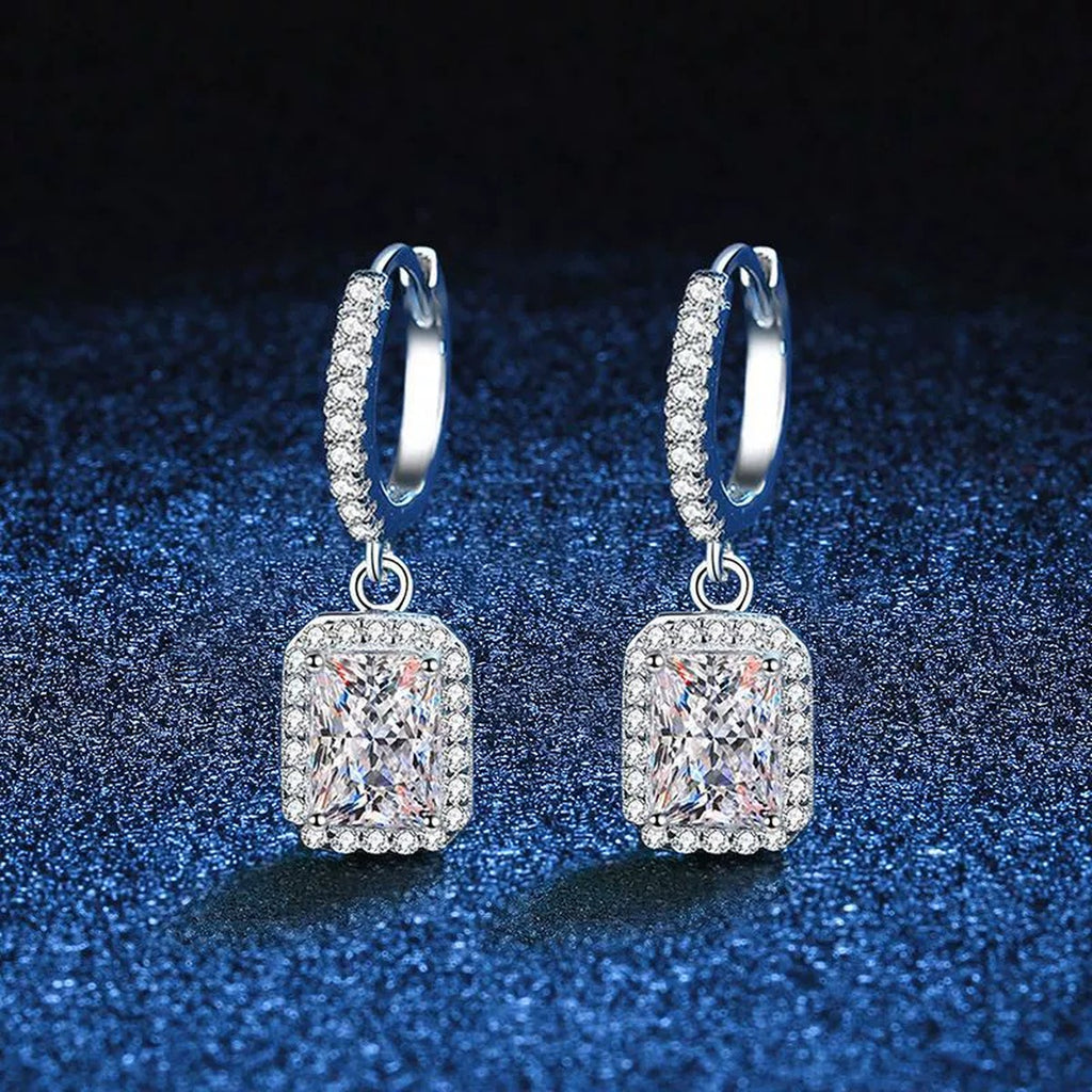 Radiant and Emerald Cut Moissanite Hoop Drop Earrings with CZ in S925 blue scene close-up view