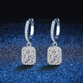 Radiant and Emerald Cut Moissanite Hoop Drop Earrings with CZ in S925 blue scene close-up view
