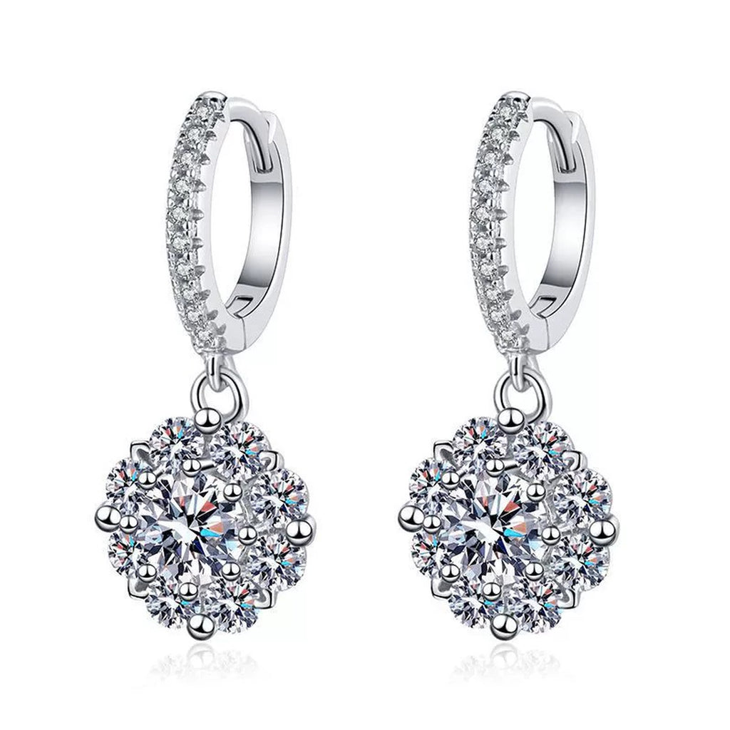 Round Halo Moissanite Hoop Drop Earrings with CZ in White Gold-Plated S925 on clean white background showing the pair and round halo drop earrings with a pavé hoop and 22mm profile