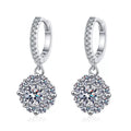 Round Halo Moissanite Hoop Drop Earrings with CZ in White Gold-Plated S925 on clean white background showing the pair and round halo drop earrings with a pavé hoop and 22mm profile