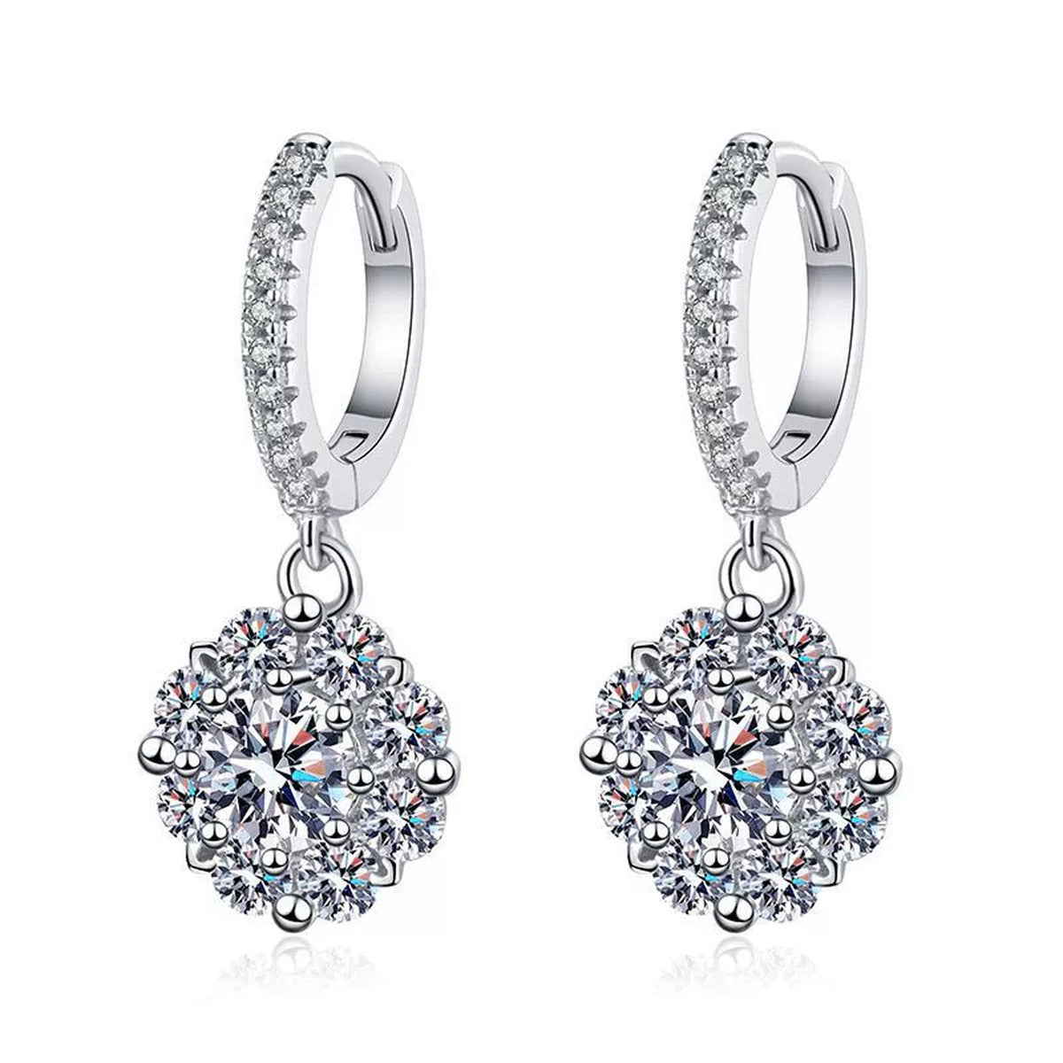 Round Halo Moissanite Hoop Drop Earrings with CZ in White Gold-Plated S925 on clean white background showing the pair and round halo drop earrings with a pavé hoop and 22mm profile