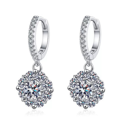 Round Halo Moissanite Hoop Drop Earrings with CZ in White Gold-Plated S925 on clean white background showing the pair and round halo drop earrings with a pavé hoop and 22mm profile