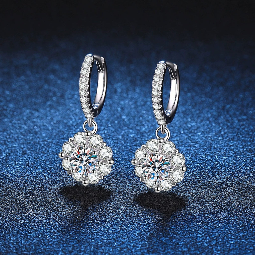 Round Halo Moissanite Hoop Drop Earrings with CZ in White Gold-Plated S925 blue scene product view