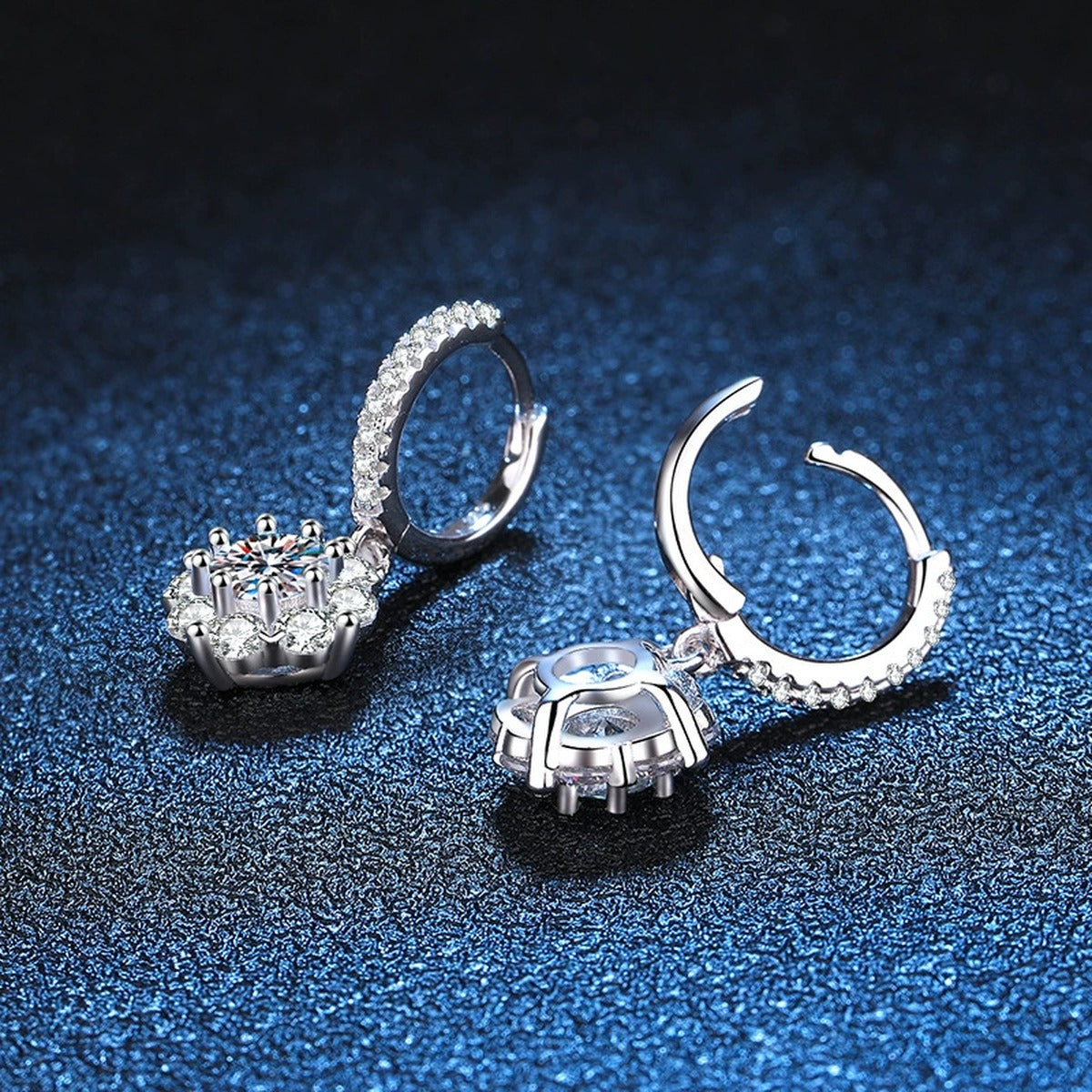 Round Halo Moissanite Hoop Drop Earrings with CZ in White Gold-Plated S925 blue scene angled view